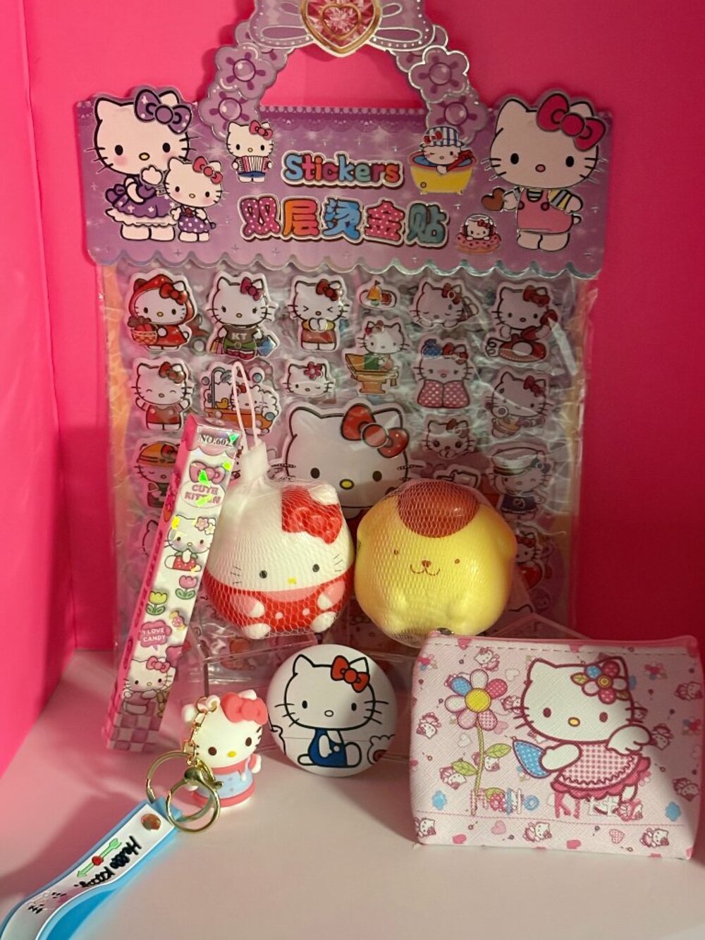 Hello Kitty Sanrio Gift Bundle Squishies Keychain Pin Pen 60 Puffy Stickers